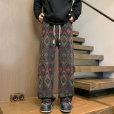 Threebooy Autumn Woolen Pants Men Warm Retro Plaid Knitted Pants Men Japanese Streetwear Loose Straight Pants Mens Vintage Trousers M-3XL